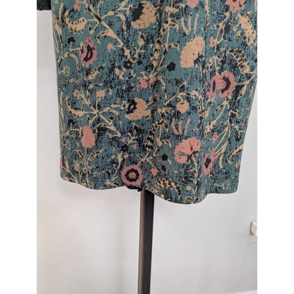 Peruvian Connection Mini Dress S Teal Green Long Sleeve Floral Shift Work Black - Picture 4 of 9